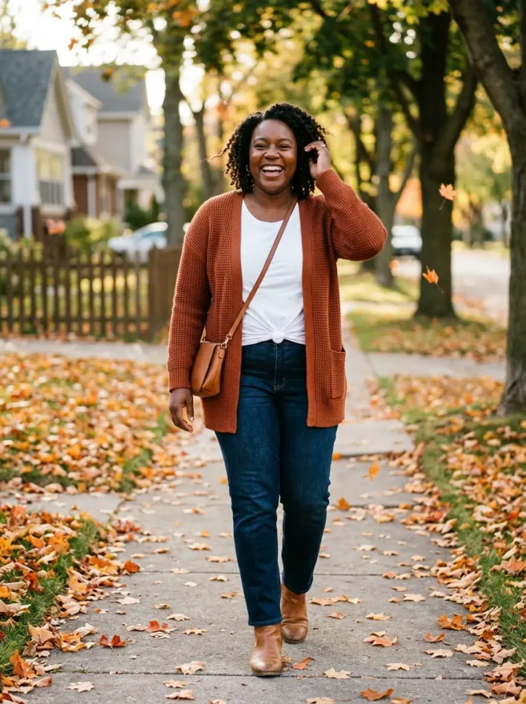 Plus size woman in a rust cardigan, white tee, and dark straight-leg jeans on a leafy fall sidewalk