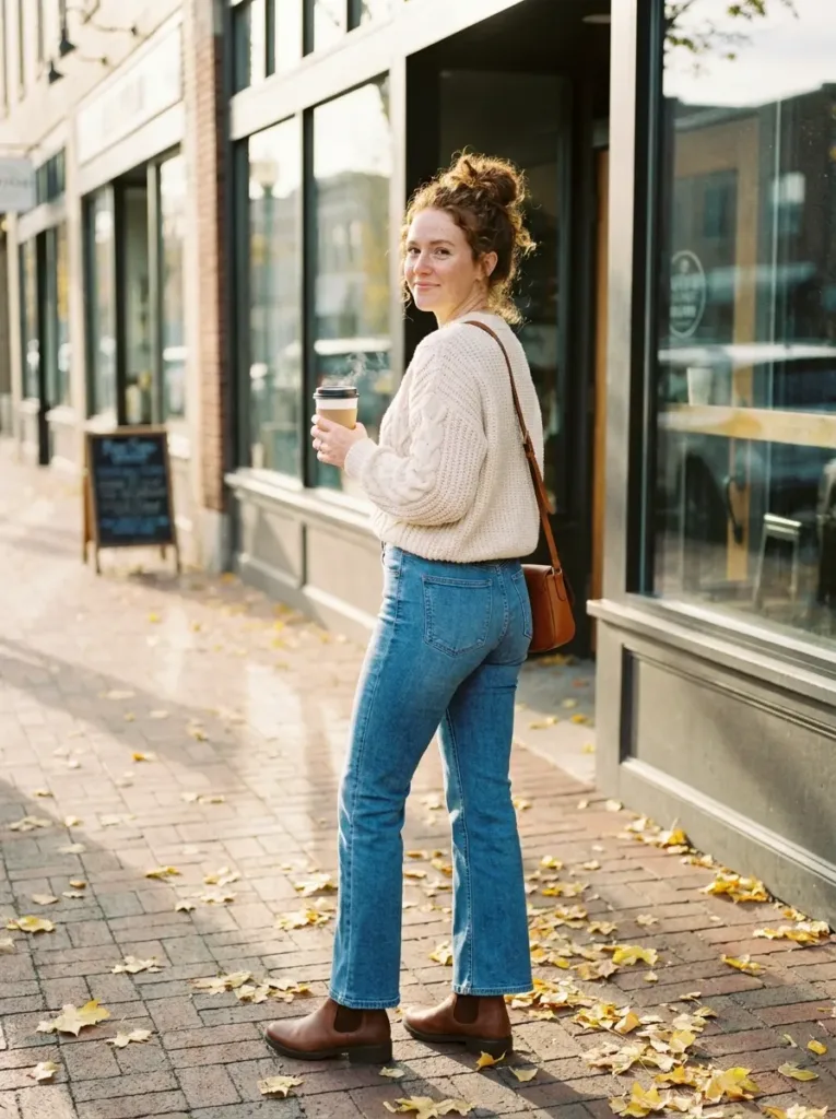 Woman in cream cable-knit sweater, medium-wash flare jeans and Chelsea boots holding a coffee