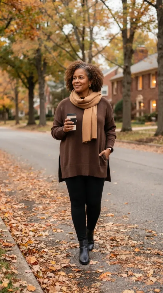 Brown longline sweater with black leggings, a cozy plus size casual outfit for fall