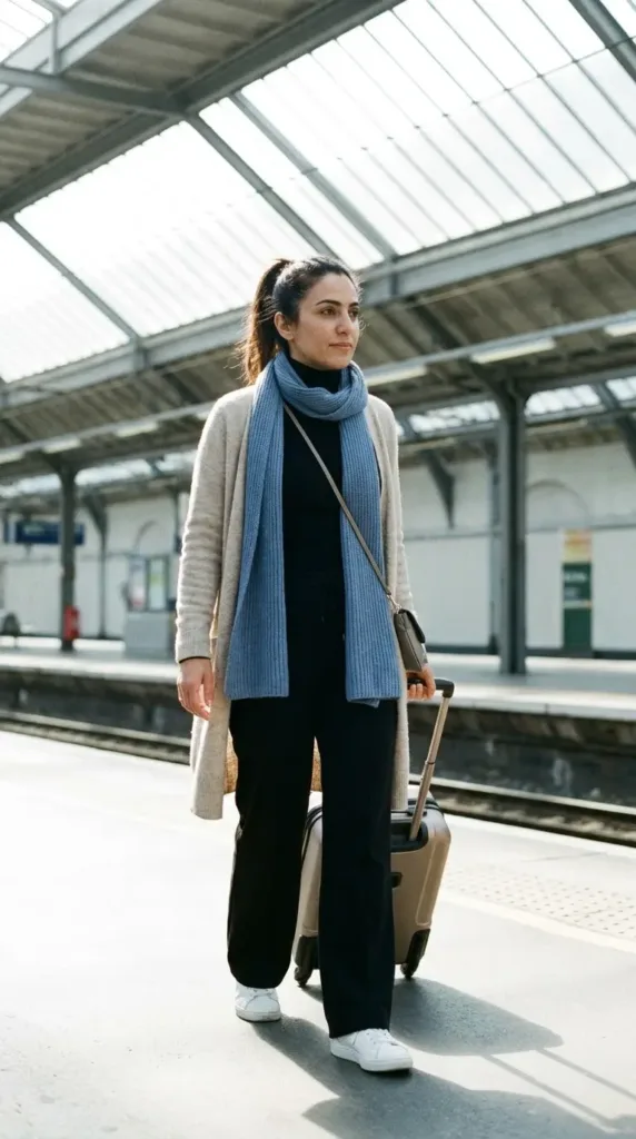 10 Fall Capsule Outfits for Midsize and Plus-Size Women 9 Curvy woman in black wide-leg trousers, oatmeal cardigan and blue scarf, a comfy fall capsule travel outfit