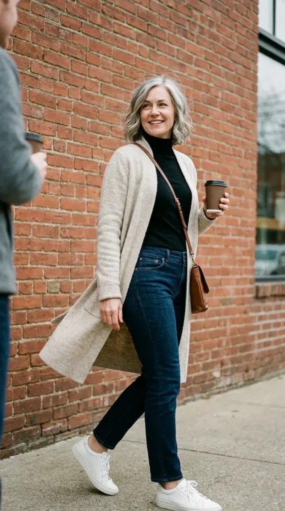10 Fall Capsule Outfits for Midsize and Plus-Size Women 3 Plus-size woman in oatmeal cardigan, black turtleneck and straight-leg jeans for a casual fall capsule outfit