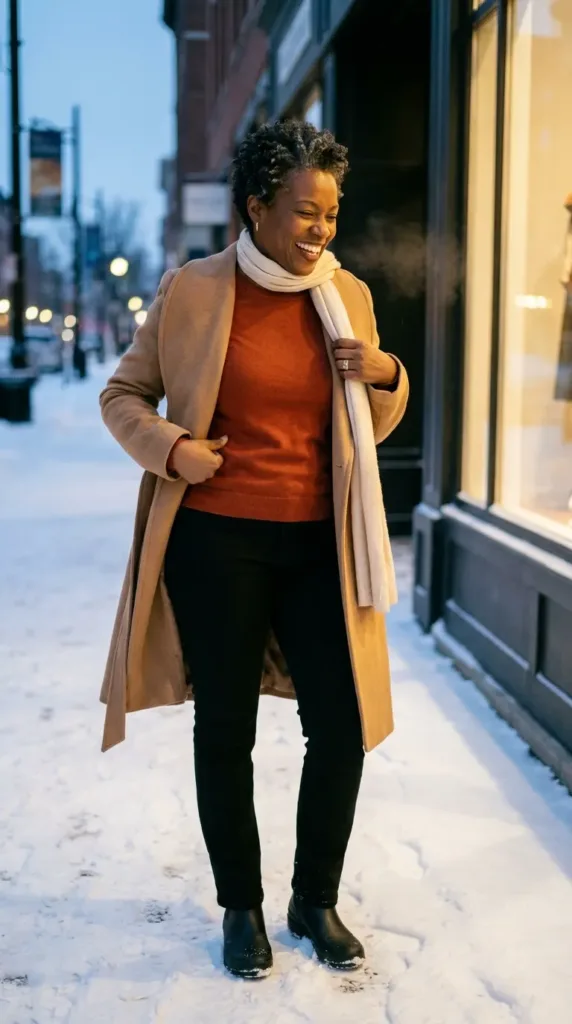 Woman in camel wrap coat and rust sweater, a cozy winter concert outfit idea for curvy women