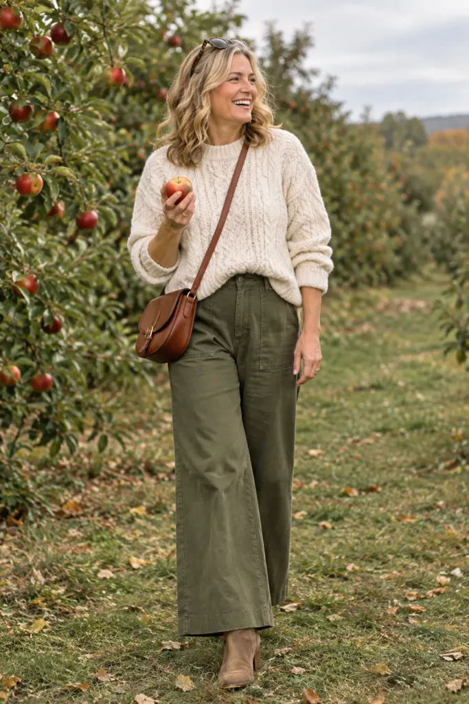 Cream cable knit and olive wide-leg pants