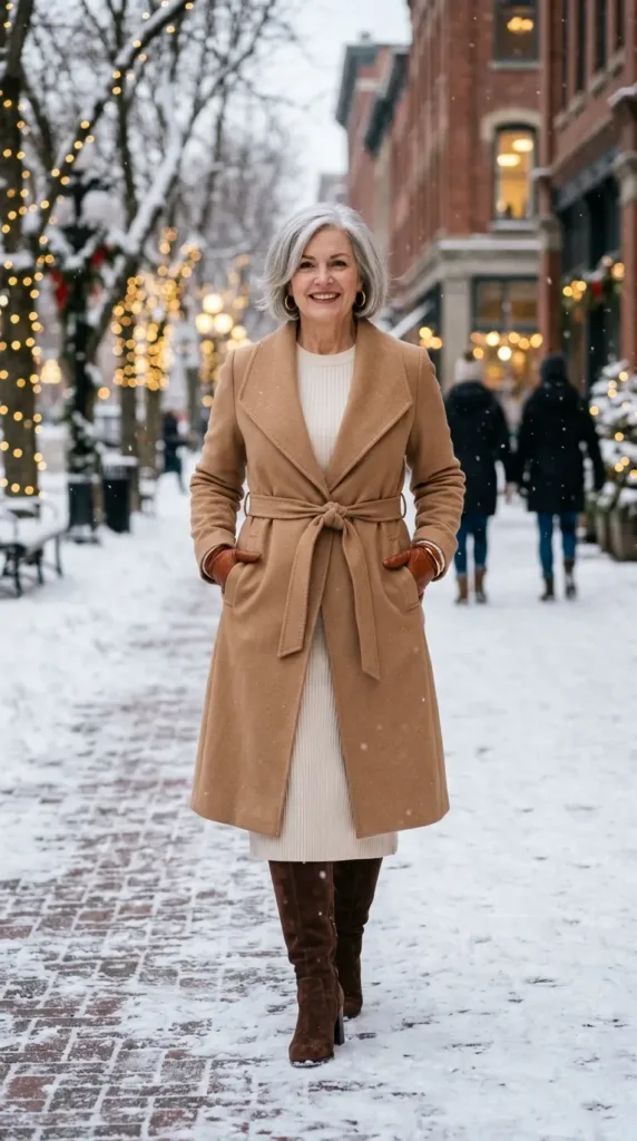 Cream ribbed sweater dress with camel wool coat and suede boots, cozy Valentine dinner outfit for winter