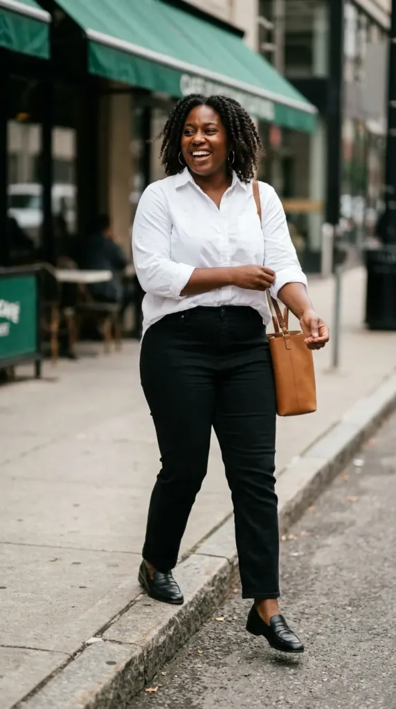 Curvy woman in black straight-leg jeans, white button-down and loafers walking on a city sidewalk