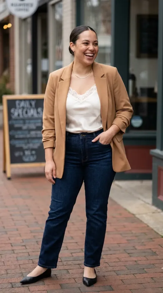 Midsize woman in camel blazer, ivory satin kami, and dark straight-leg jeans for a casual first date