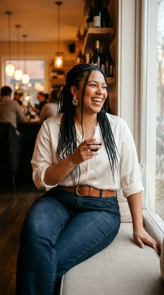 10 Fall Dinner Outfit Ideas for Curvy Women 5 Woman in dark jeans and a silk blouse, an easy fall dinner outfit for a wine bar