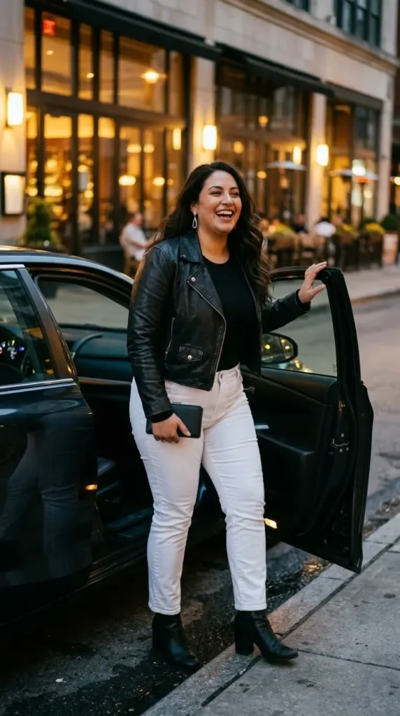 Curvy woman in white pants, black bodysuit and cropped leather jacket on date night