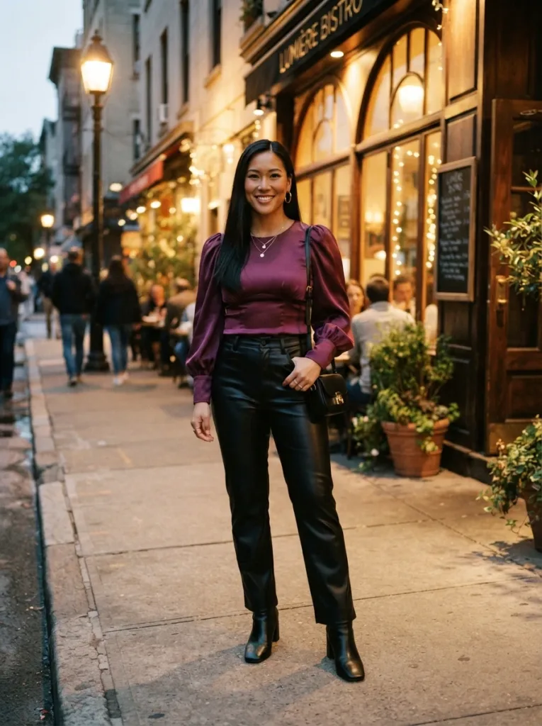 Plus Size Autumn Outfits Women Will Actually Wear (10 Looks) 10 Plus size date night outfit with plum puff-sleeve blouse, black faux-leather pants, and block-heel boots