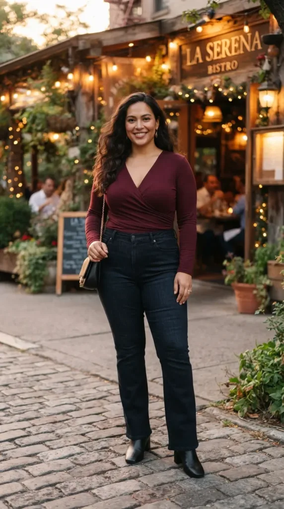Burgundy wrap top with bootcut jeans and boots, a date night plus size casual outfit