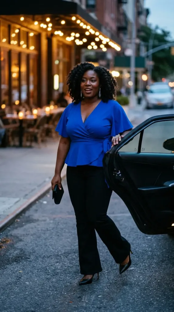 Woman in cobalt wrap top, black flare jeans and black pumps stepping out of a car at dusk