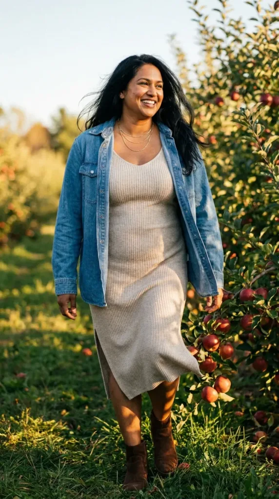 Woman in a denim shacket over an oatmeal knit midi dress and ankle boots in an orchard