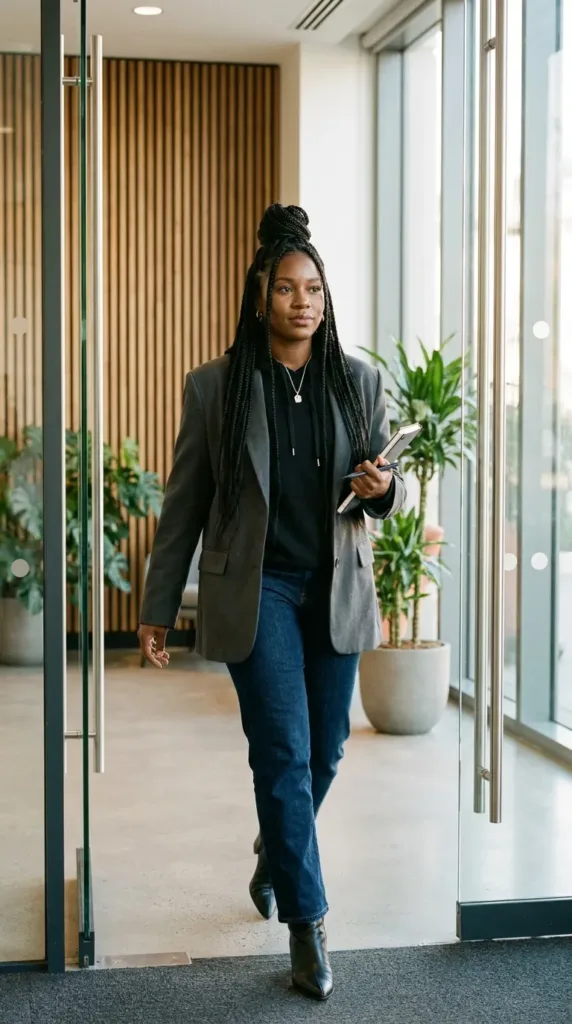 10 Hoodie Outfits for Weekend Errands and Coffee Dates 8 Woman in a charcoal blazer over a black hoodie with dark jeans walking through a modern office lobby
