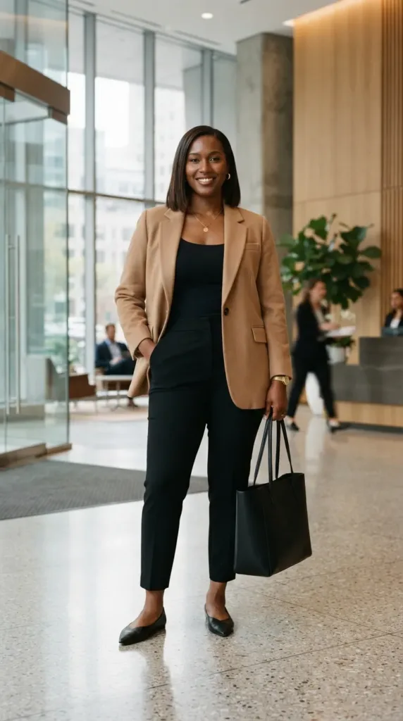 Camel blazer with black trousers, a polished plus size casual outfit for work