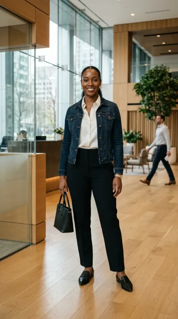 Woman in dark denim jacket, ivory satin blouse, and black tailored trousers in an office lobby