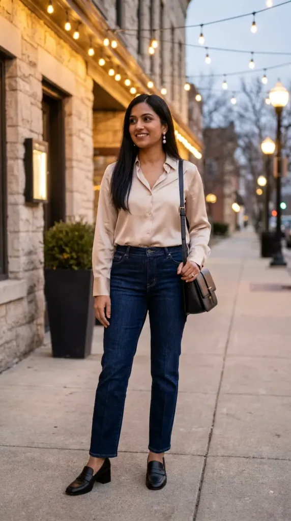 Woman in dark trouser-style travel jeans and champagne satin blouse outside an evening restaurant