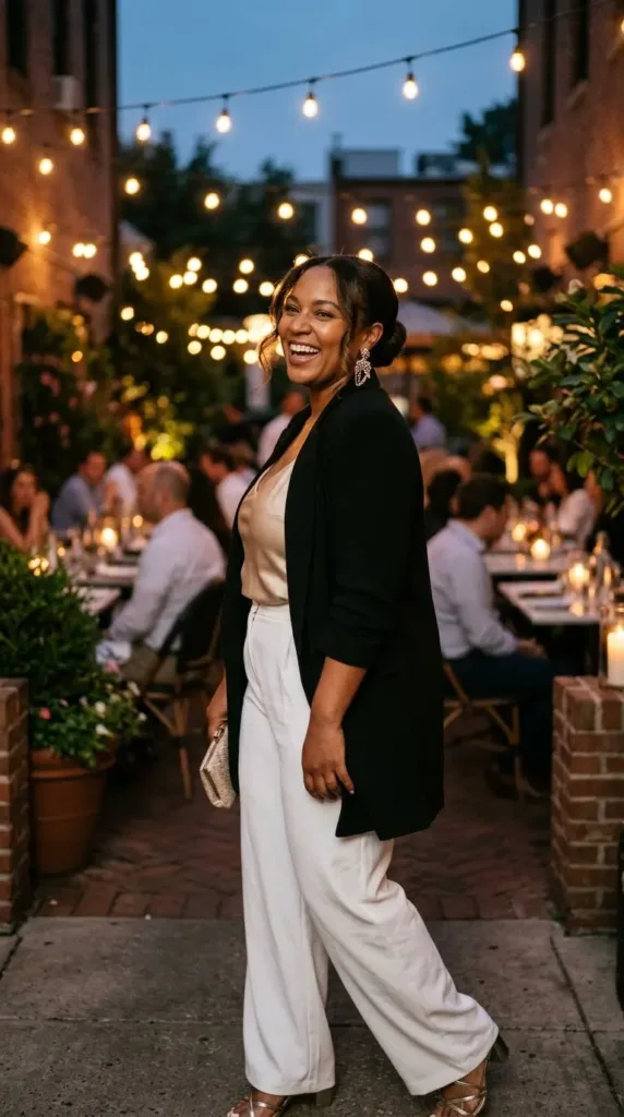Woman in white wide-leg pants, champagne satin kami and black blazer for a dressy dinner