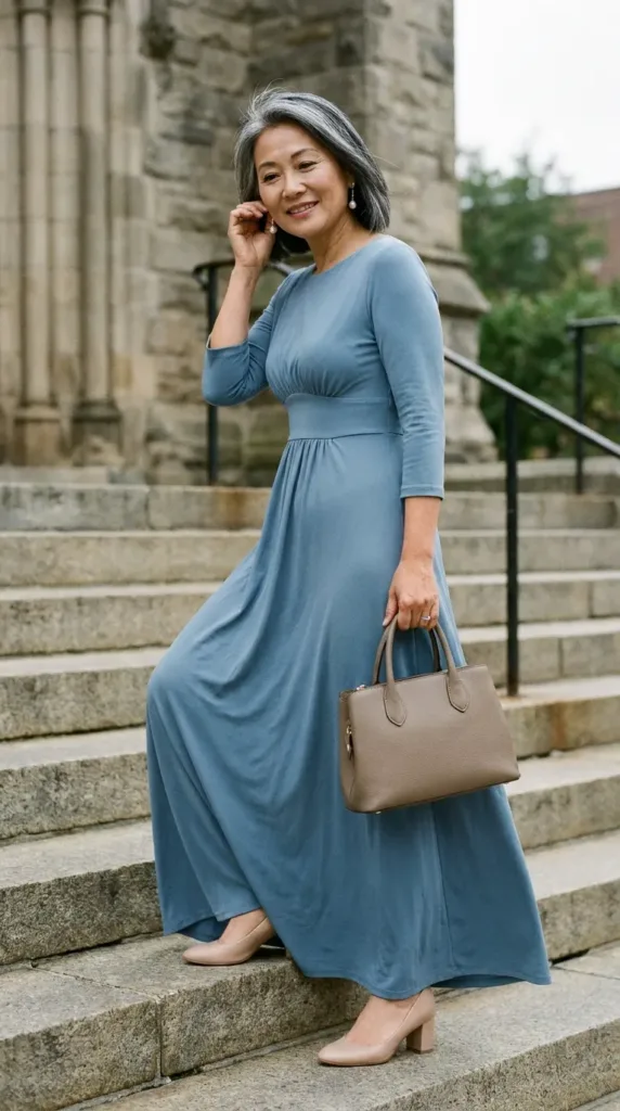 Woman in a dusty blue empire-waist gown with three-quarter sleeves on church steps, a modest wedding guest look