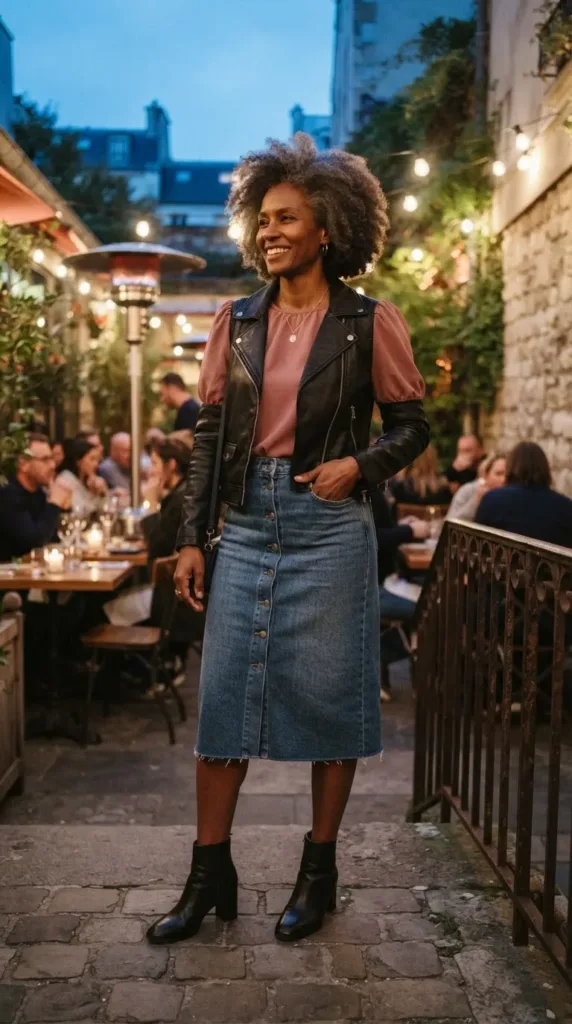 Tall curvy woman in dusty rose puff-sleeve blouse, denim midi skirt, and moto jacket on a date patio