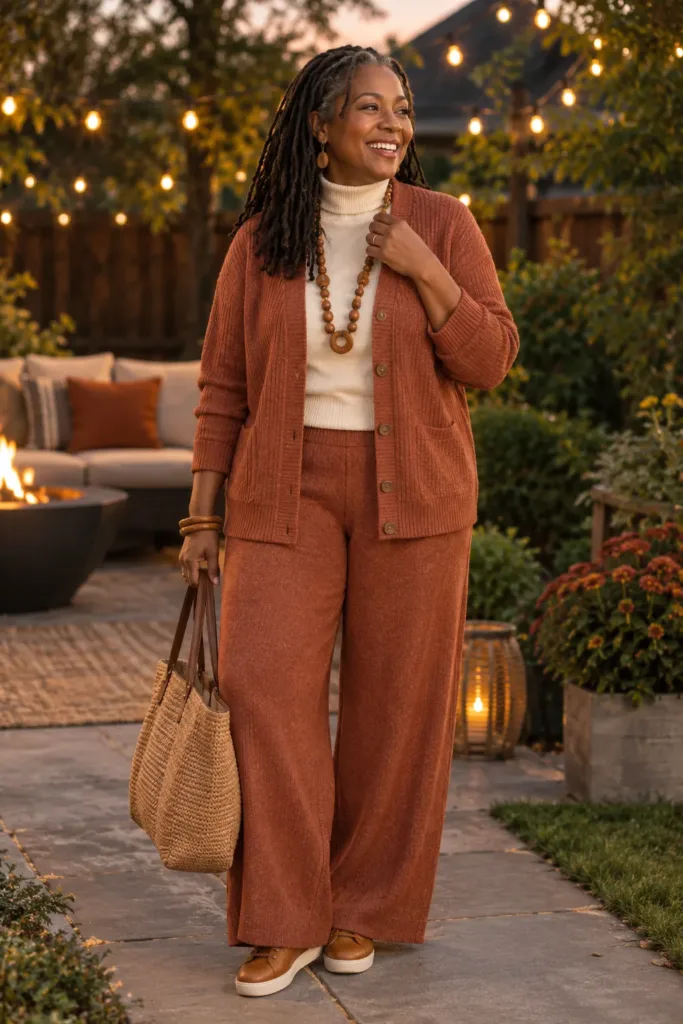 Woman over 50 in terracotta knit