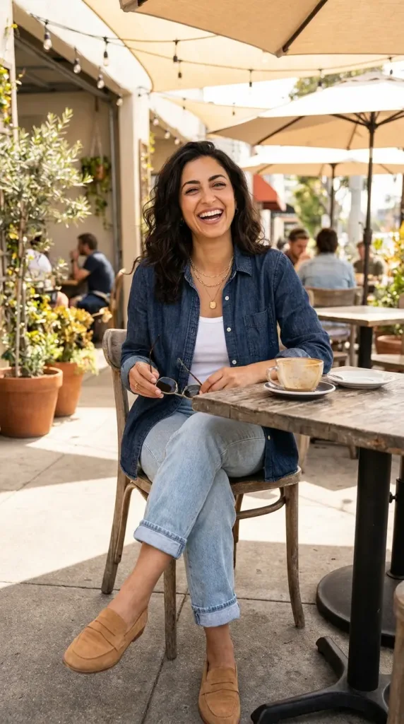 Woman in light-wash straight-leg travel jeans and chambray shirt at a sunny coffee shop patio