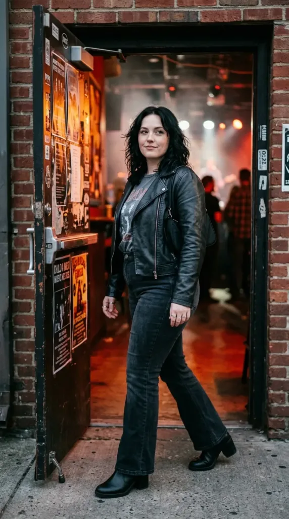 Woman in black moto jacket, gray graphic tee and washed-black flare jeans entering a music venue