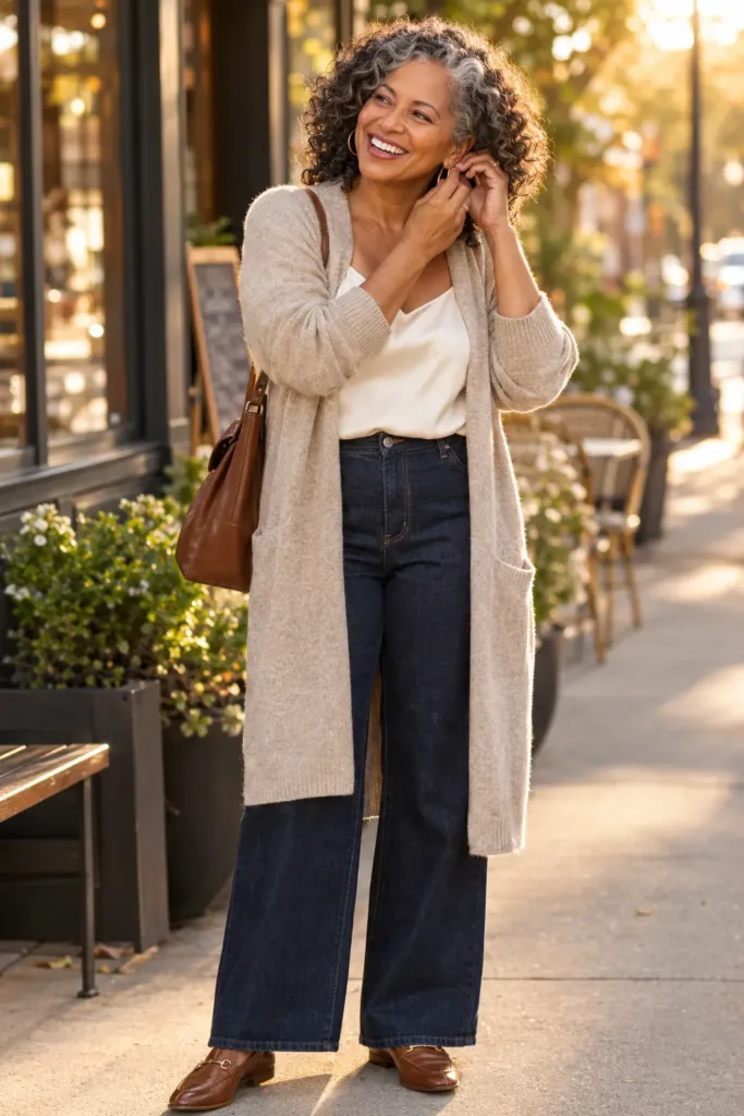 10 Modern Grandma Outfits That Make You Look Cool Not Old at 50 2 Curvy woman over 40 wearing an oatmeal cardigan
