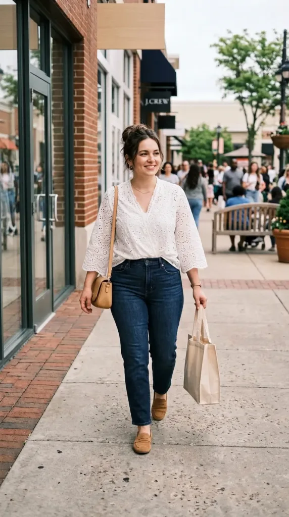 Woman in a white embroidered Filipin ion top with dark straight-leg jeans and suede loafers