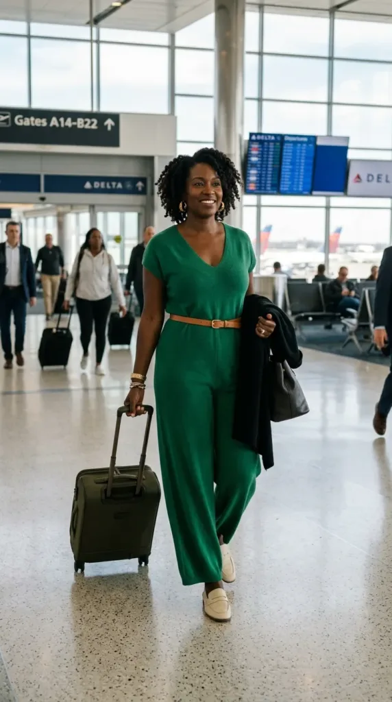 Emerald wide-leg knit jumpsuit with tan belt and loafers, travel-friendly Valentine dinner outfit