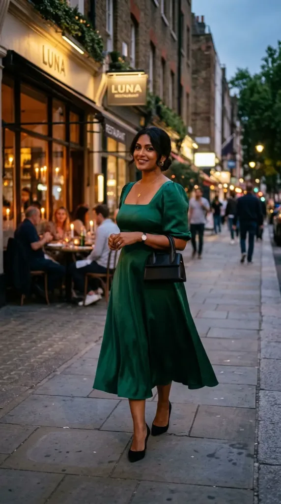 Woman in an emerald puff-sleeve midi dress with a square neckline outside a restaurant at dusk