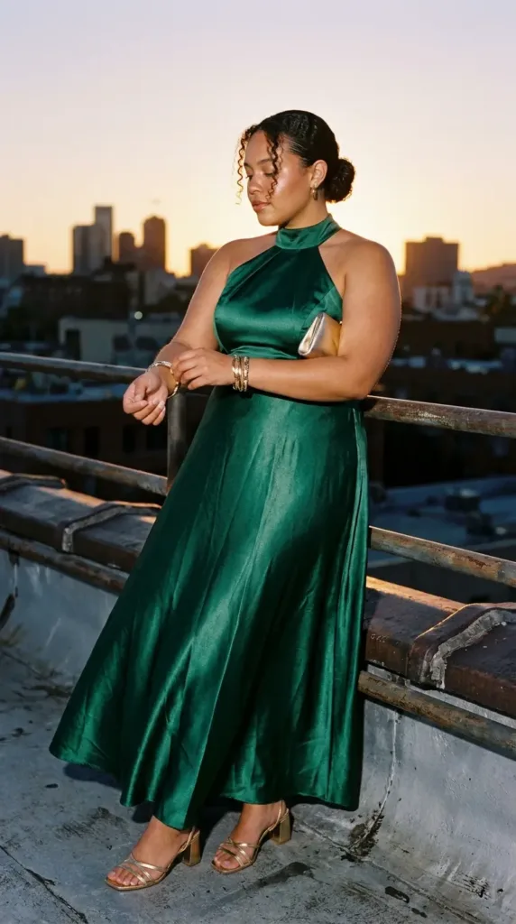 Woman in an emerald satin A-line halter gown on a rooftop at sunset, a wedding reception guest look