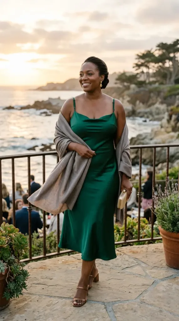 Plus-size woman in emerald satin slip dress and pashmina, a sunset mother of the groom beach wedding look
