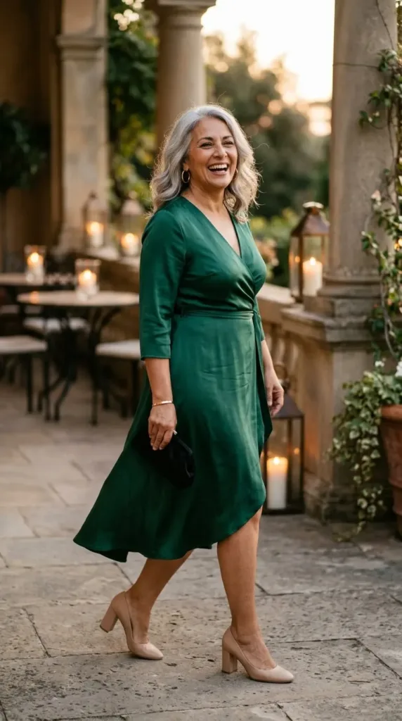 Woman over 50 in an emerald satin wrap cocktail dress with gold hoops and nude block heels