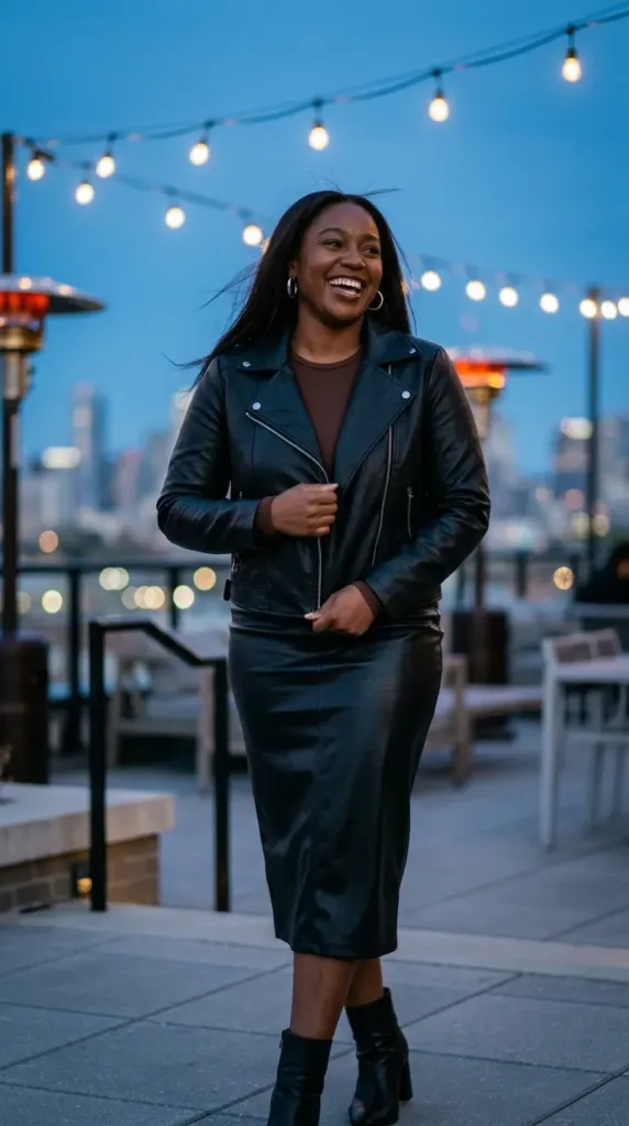 10 Fall Dinner Outfit Ideas for Curvy Women 7 Woman in a leather-look midi skirt and moto jacket, a fall dinner outfit for a rooftop restaurant