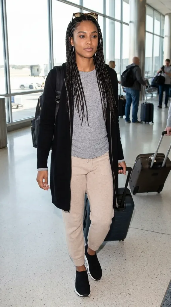 Woman in black longline cardigan, gray tee, and beige knit joggers walking through an airport
