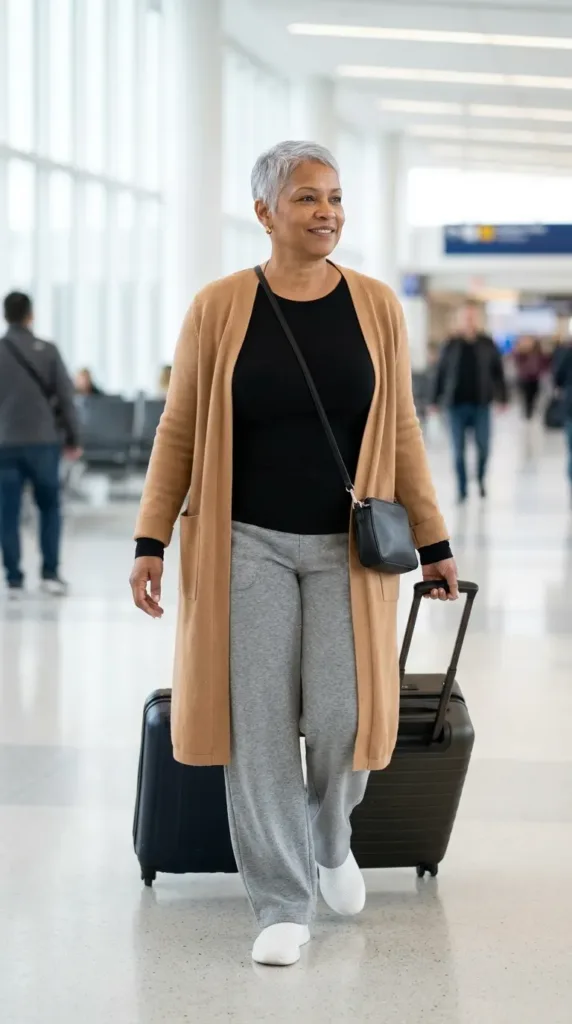 Tall curvy woman in gray wide-leg sweatpants and camel cardigan walking through an airport terminal