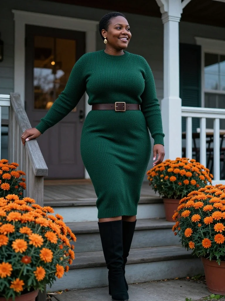Woman in a forest green sweater dress and tall boots wearing one of the best simple autumn outfits