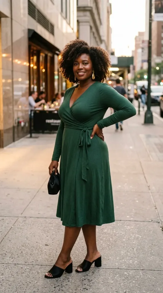 Curvy woman in a forest green wrap midi dress with block-heel mules, a dinner date outfit