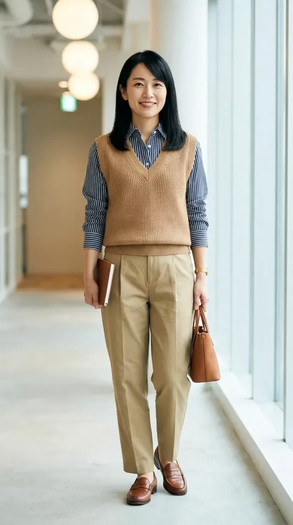 Athletic-curvy woman in a striped button-up, camel sweater vest, and khaki pants, a cozy office outfit