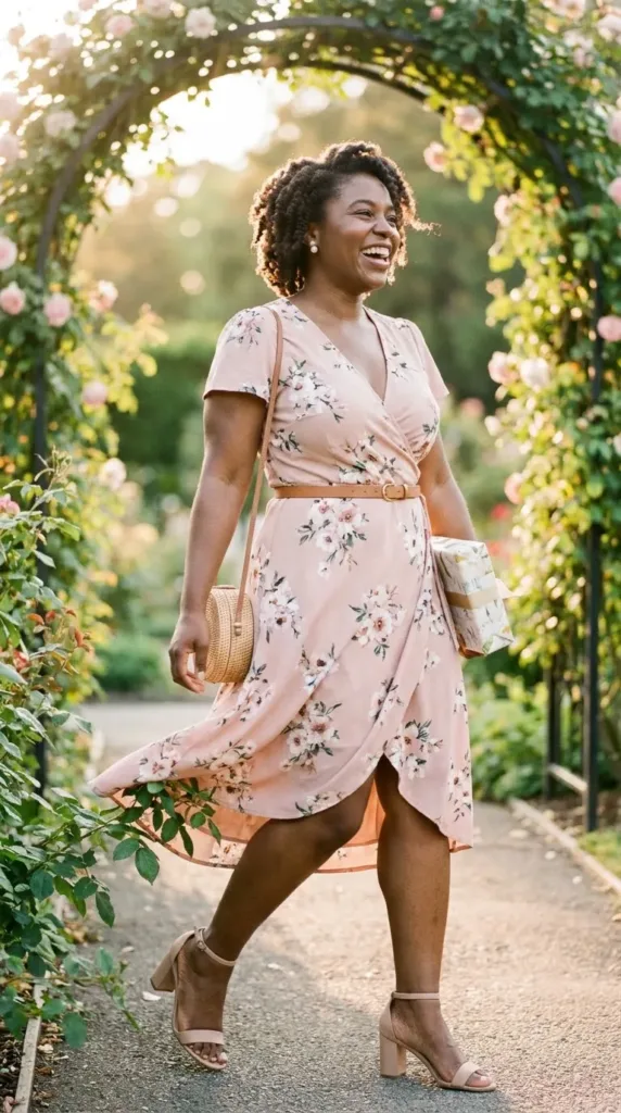 Woman in a blush floral wrap midi dress and block-heel sandals, a baby shower guest outfit for spring