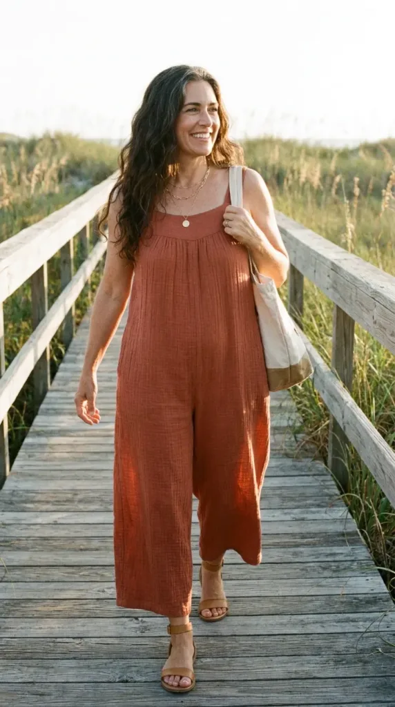 What to Wear on a Beach Vacation Over 50 7 Woman over 50 in a terracotta gauze jumpsuit on a dune boardwalk, a breezy beach vacation outfit