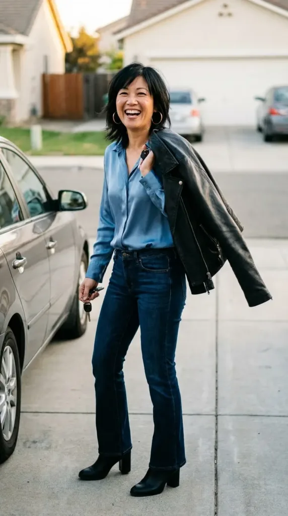 Woman in blue blouse and black leather jacket dressed for a girls’ night concert outing