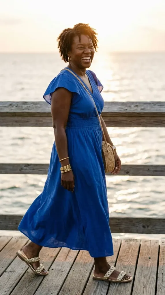What to Wear on a Beach Vacation Over 50 3 Woman over 50 in a cobalt smocked maxi dress walking a boardwalk, an easy beach vacation outfit