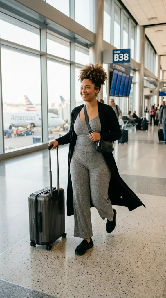 Petite curvy woman in a gray knit set and black cardigan, a comfortable spring travel outfit for flights