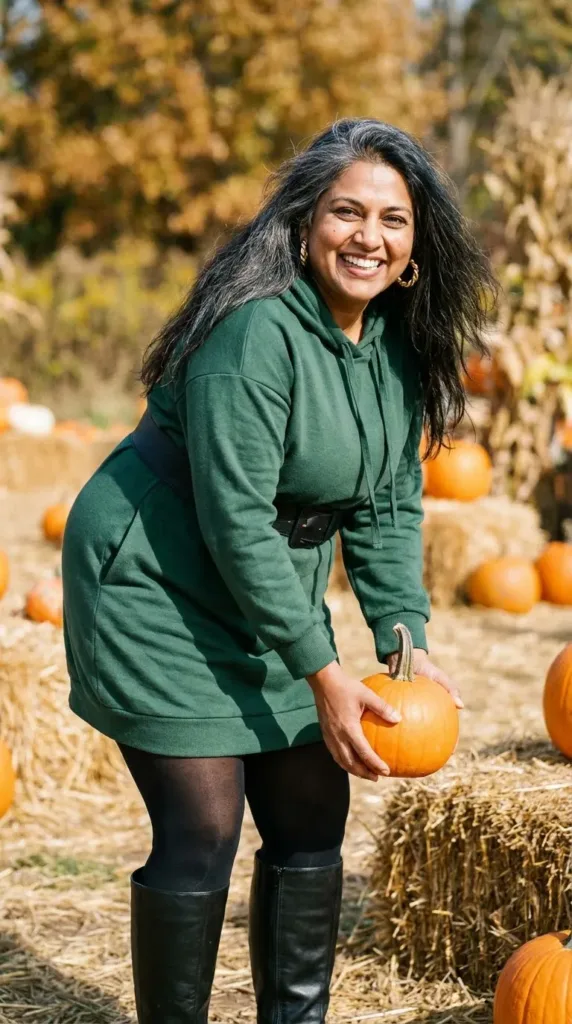 10 Hoodie Outfits for Weekend Errands and Coffee Dates 9 Woman in a belted forest-green hoodie dress with black tights and knee-high boots at a pumpkin patch