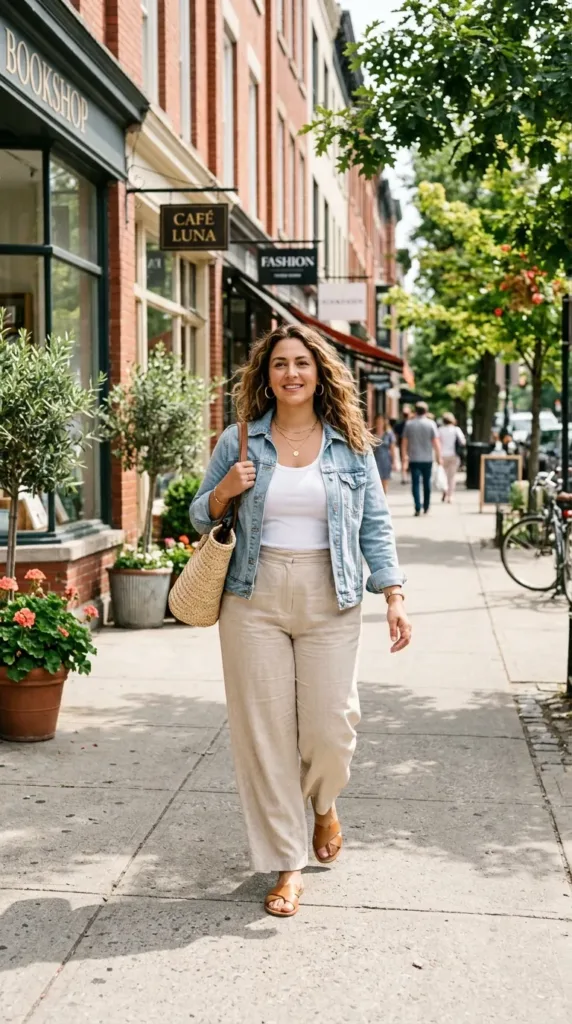 Woman wearing denim jacket with white tank and sand linen wide-leg pants on a sunny sidewalk