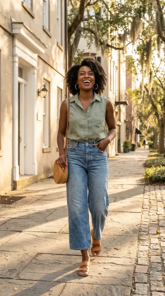 Woman in light wide-leg travel jeans and sage linen shirt strolling a sunny city sidewalk