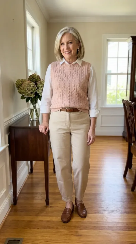 Woman in blush sweater vest, white collared shirt, and beige barrel-leg pants with brown loafers