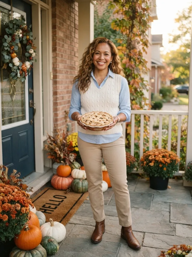 Plus Size Autumn Outfits Women Will Actually Wear (10 Looks) 11 Modern preppy plus size fall outfit with cream sweater vest, blue oxford, khaki chinos, and brown boots