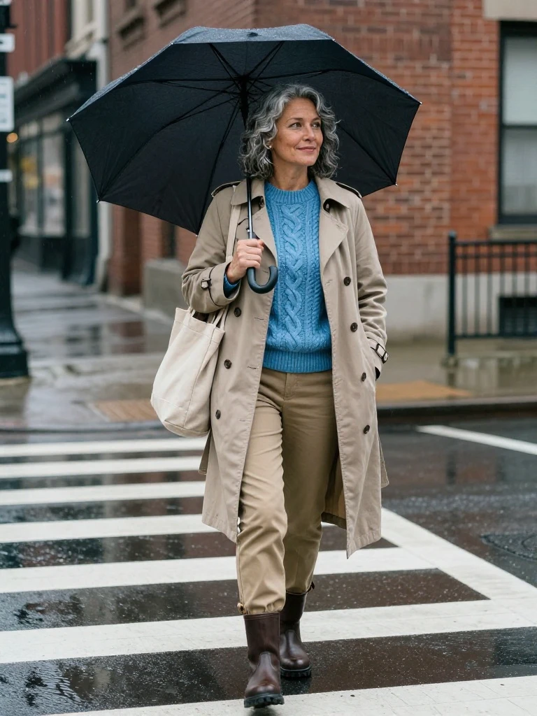 Woman in a belted trench, blue knit and khaki chinos wearing a simple autumn outfit on a rainy day